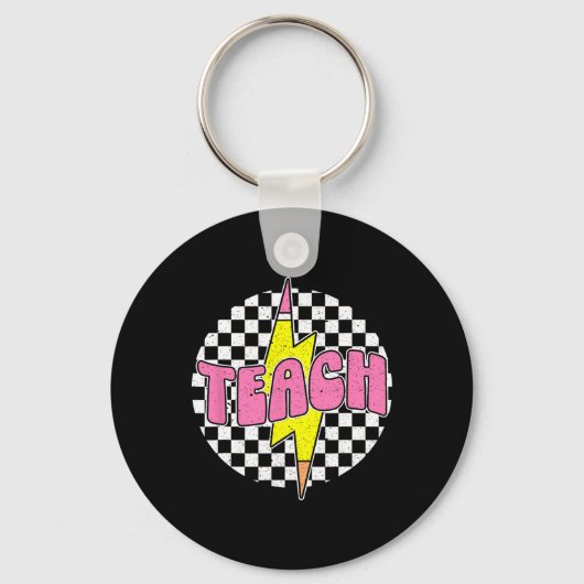 Checkered Teach Pencil Lightning Bolt Back To Scho Sleutelhanger (Voorkant)
