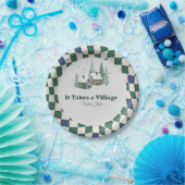 Checkered Winter "It Takes a Village" baby shower Papieren Bordje (Feest)