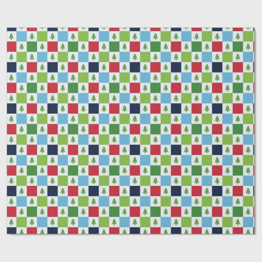 Checkers kerstboom patroon - rood, groen, blauw cadeaupapier (Vlak)