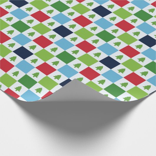 Checkers kerstboom patroon - rood, groen, blauw cadeaupapier (Hoek)