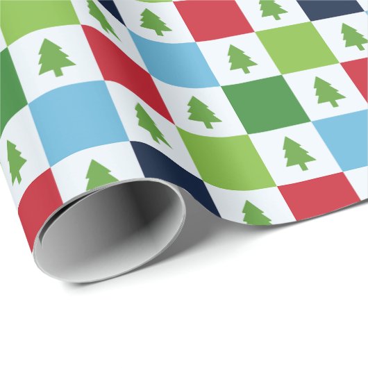 Checkers kerstboom patroon - rood, groen, blauw cadeaupapier (Rol Hoek)