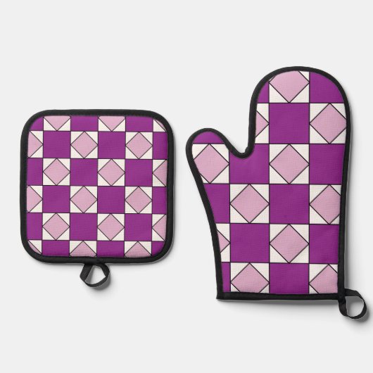 Checkers Paarse vierkante diamantcheckers Ovenwant & Pannenlap Set (Voorkant)