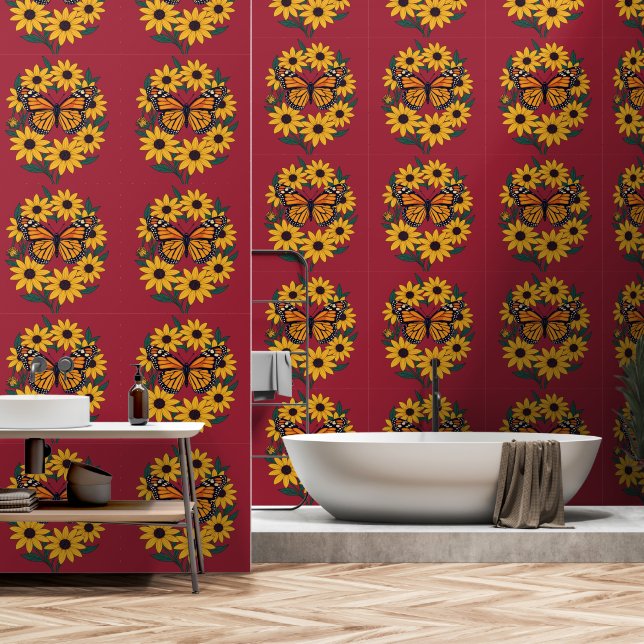 Checkerspot Butterfly en zwartogige Daisy Flowers Behang (Badkamer)