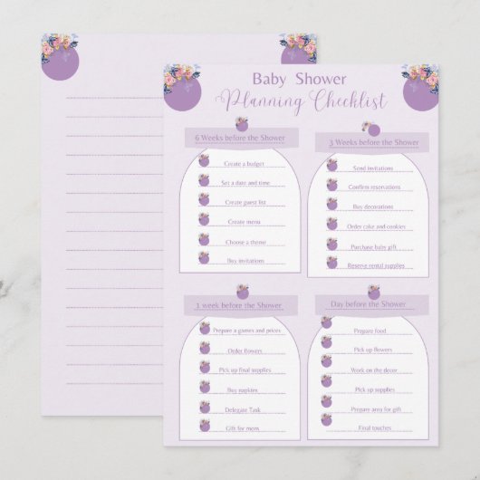 Checklist Baby shower Paarse-meisjesventilator Kaart (Voorkant / Achterkant)