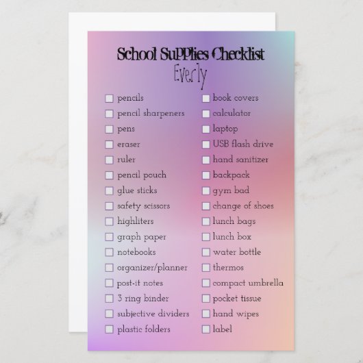 checklist schoolbenodigdheden (Voorkant / Achterkant)