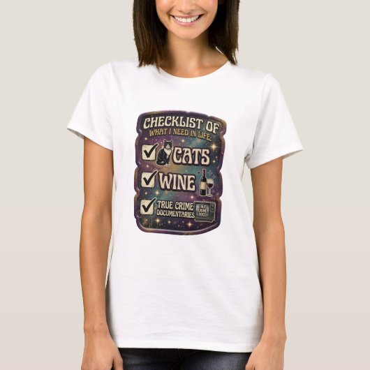 CHECKLIST VAN WAT IK NODIG HEB IN HET LEVEN KATTEN T-SHIRT (Voorkant)