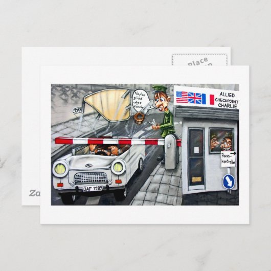 Checkpoint Charlie, Berlin, Cartoon Briefkaart (Voorkant / Achterkant)