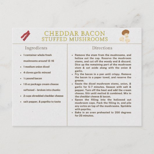 Cheddar Bacon Gevulde Paddenstoelen Recept Kaart V (Voorkant)