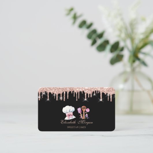 Cheef Tools Flowers Rose Gold Drips Bakery  Visitekaartje (Staand voorkant)