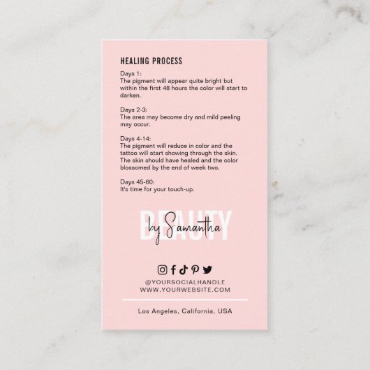 Cheek Blush Aftercare Vrouwelijke Roze PMU Artiest Visitekaartje (Achterkant)