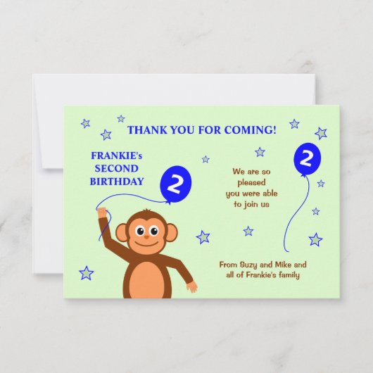 Cheeky aap tweede verjaardagsfeestje bedankje kaart (Voorkant)