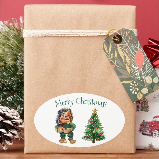 Cheeky Christmas Troll en Tree Delight Ovale Sticker (Feestdagen)