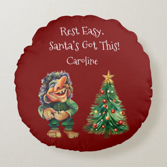 Cheeky Christmas Troll en Tree Delight Rond Kussen (Voorkant)