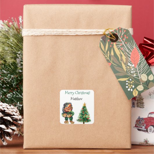 Cheeky Christmas Troll en Tree Delight Vierkante Sticker (Feestdagen)