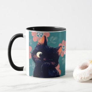 Cheeky Little Black Kitten met een bloemenachtergr Mok