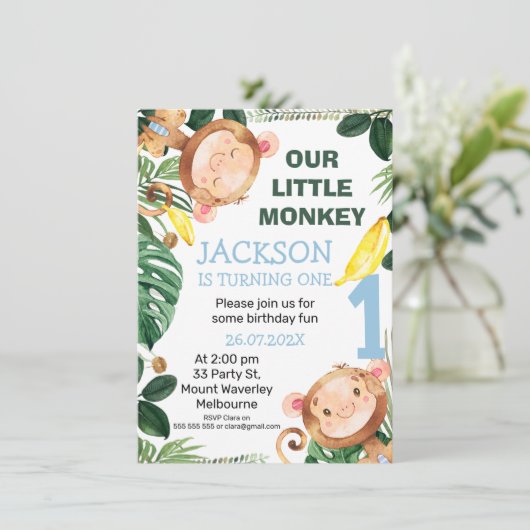 Cheeky Little Monkey Bananas Boys 1st Birthday Kaart (Staand voorkant)