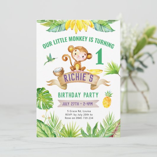 Cheeky Little Monkey Uitnodiging, Zoo feest Kaart (Staand voorkant)