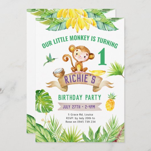 Cheeky Little Monkey Uitnodiging, Zoo feest Kaart (Voorkant / Achterkant)