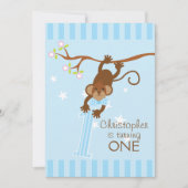 Cheeky Monkey Blue Stripes 1st Birthday Party Kaart (Voorkant)
