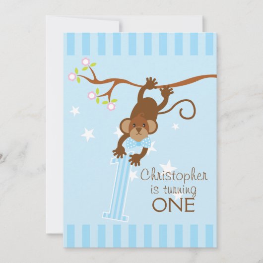 Cheeky Monkey Blue Stripes 1st Birthday Party Kaart (Voorkant)