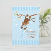 Cheeky Monkey Blue Stripes 1st Birthday Party Kaart (Staand voorkant)