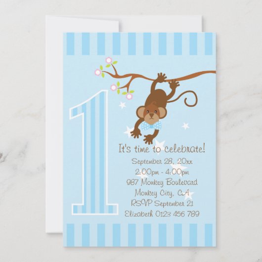 Cheeky Monkey Blue Stripes 1st Birthday Party Kaart (Achterkant)
