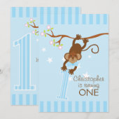 Cheeky Monkey Blue Stripes 1st Birthday Party Kaart (Voorkant / Achterkant)
