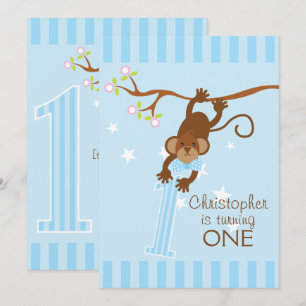 Cheeky Monkey Blue Stripes 1st Birthday Party Kaart