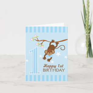Cheeky Monkey Blue Stripes Happy 1st Birthday Kaart