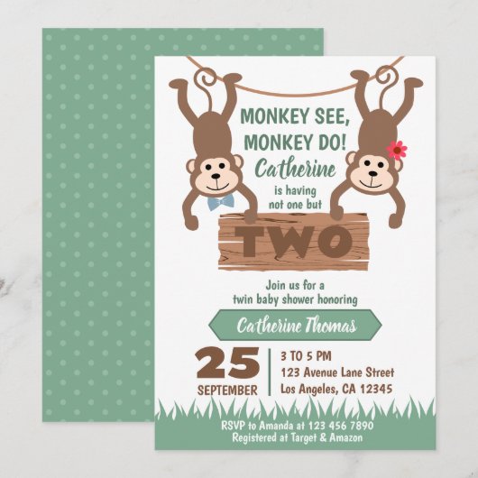 Cheeky Monkey Boy & Girl Twins Baby shower Kaart (Voorkant / Achterkant)