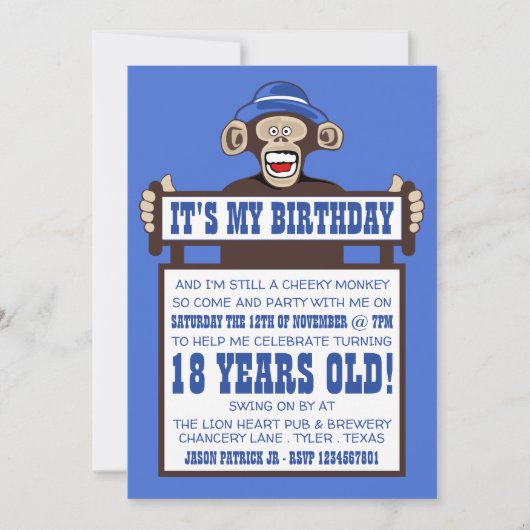 Cheeky Monkey verjaardagsfeestje uitnodiging (Voorkant)