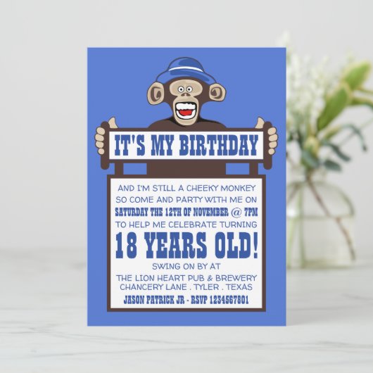 Cheeky Monkey verjaardagsfeestje uitnodiging (Staand voorkant)