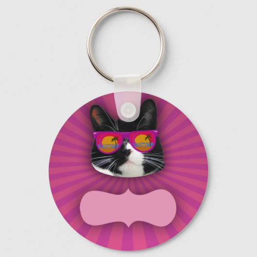 Cheeky Sunbril Neon Tuxedo Cat Fun Art Sleutelhanger (Voorkant)
