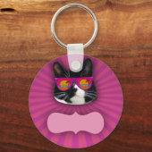 Cheeky Sunbril Neon Tuxedo Cat Fun Art Sleutelhanger (Voorkant)