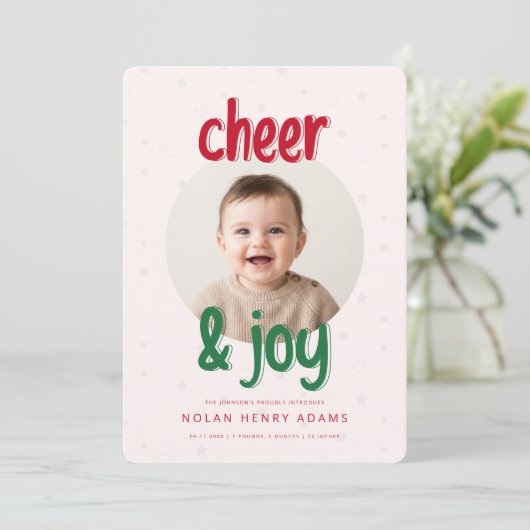 Cheer and Joy Christmas Baby Birth Announcement Feestdagenkaart (Staand voorkant)