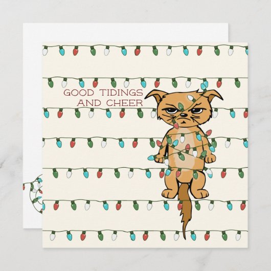 Cheer Cat Funny Tangled Kat in Xmas Lights Ivoor Feestdagenkaart (Voorkant / Achterkant)