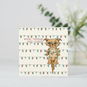 Cheer Cat Funny Tangled Kat in Xmas Lights Ivoor Feestdagenkaart (Staand voorkant)