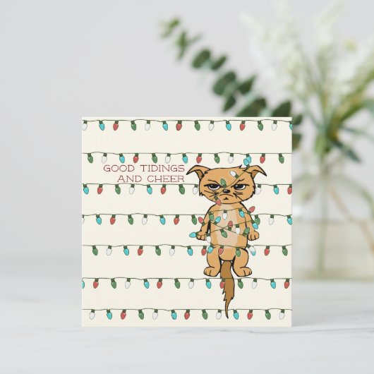 Cheer Cat Funny Tangled Kat in Xmas Lights Ivoor Feestdagenkaart (Staand voorkant)