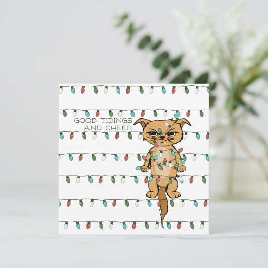 Cheer Cat Funny Tangled Kat in Xmas Lights Ivoor Feestdagenkaart (Staand voorkant)