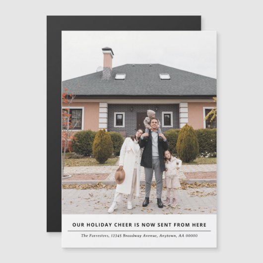 Cheer is nu vanaf hier vakantie verhuisaankondigin magnetische uitnodiging (Voorkant / Achterkant)