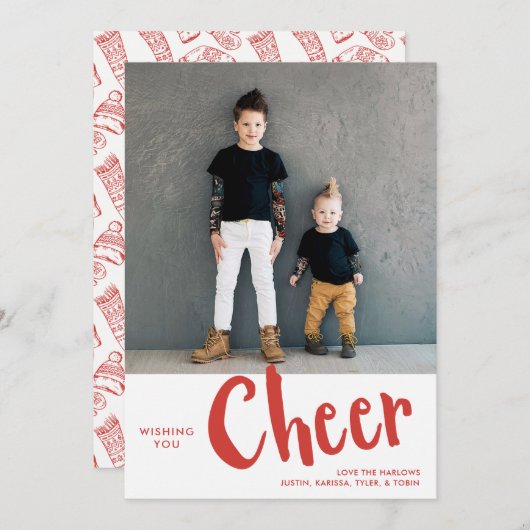Cheer | Kerstaffoto van Sweater Pattern Rood Feestdagenkaart (Voorkant / Achterkant)