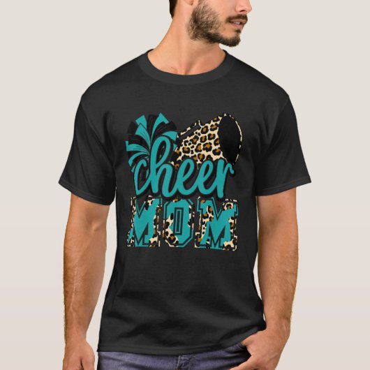 Cheer Mam Blauwgroen Leopard Cheer Poms & Megaphon T-shirt (Voorkant)
