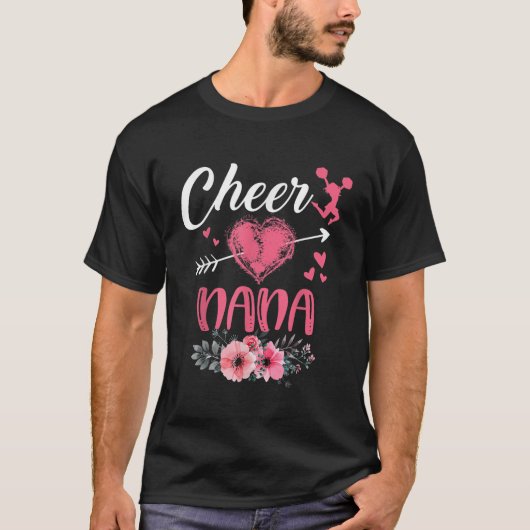 Cheer Nana Floral Grappige Cheerleader Hart Moeder T-shirt (Voorkant)