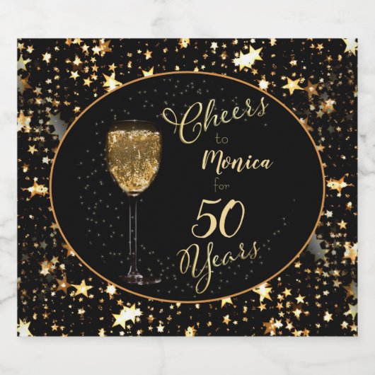 Cheer voor 50 jaar Elegant Zwart en Goud Verjaarda Sparkling Wijnetiket (Enkel label)