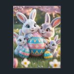 Cheerful 3D Bunny Family with an Easter Egg Briefkaart<br><div class="desc">A heartwarming and vibrant 3D digital illustration of a happy bunny family celebrating Easter in a sunlit meadow. Two large rabbits and two smaller bunnies gather around a giant, ornately decorated Easter egg featuring blue, pink, and yellow patterns. The scene is filled with blooming tulips, daffodils, and falling cherry blossom...</div>