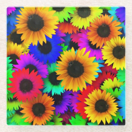 Cheerful Array of Colorful Sunflower Glazen Onderzetter (Voorkant)