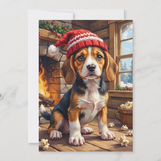 Cheerful Beagle Puppy in Stocking Cap Cozy Feestdagenkaart (Voorkant)