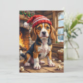 Cheerful Beagle Puppy in Stocking Cap Cozy Feestdagenkaart (Staand voorkant)