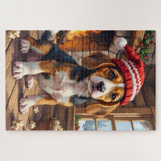 Cheerful Beagle Puppy in Stocking Cap Cozy Legpuzzel (Horizontaal)