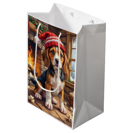 Cheerful Beagle Puppy in Stocking Cap Cozy Medium Cadeauzakje (Voorkant Gekanteld)